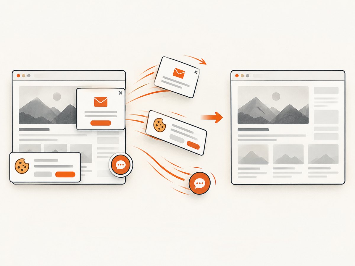 A clean capture flow removes common consent banners, popups, and chat widgets before producing the screenshot.