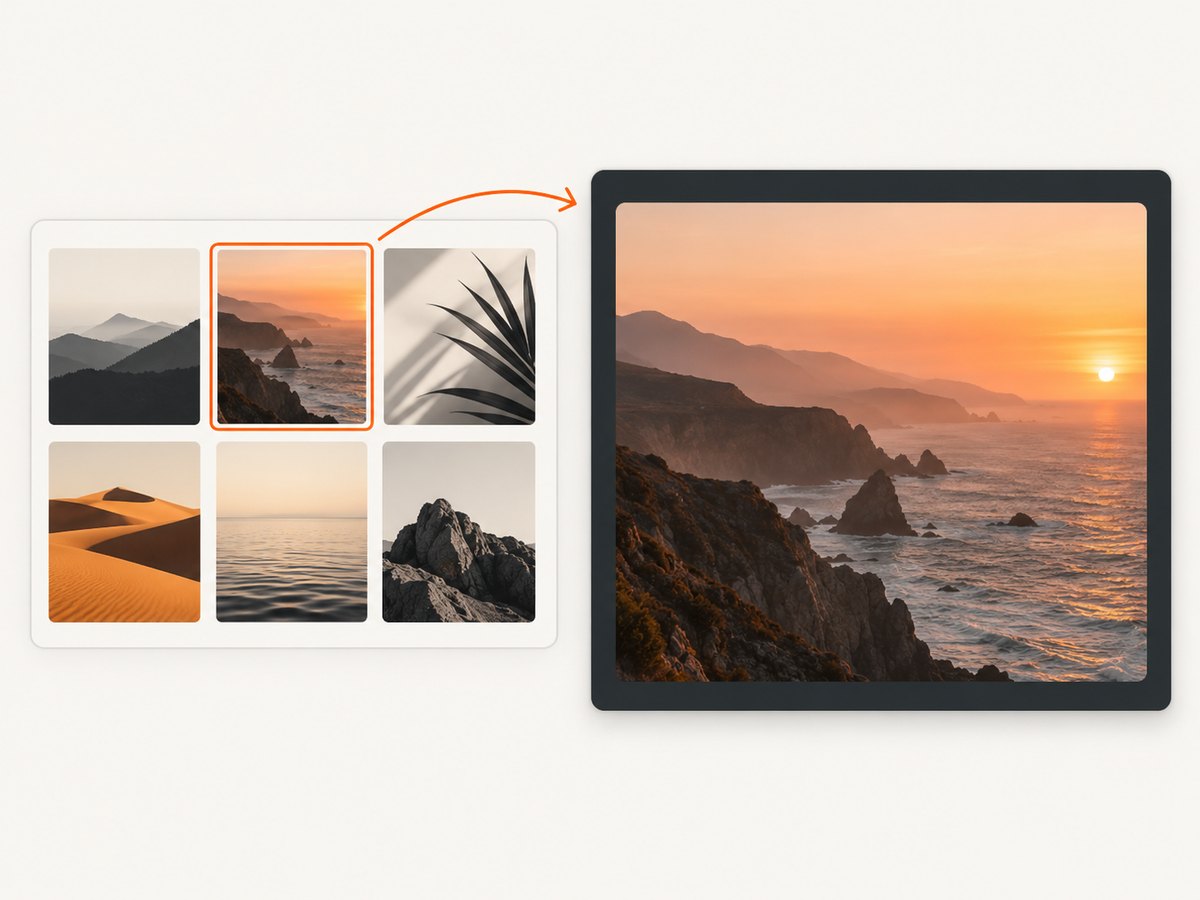 A grid supports scanning while a lightbox provides detail on demand.