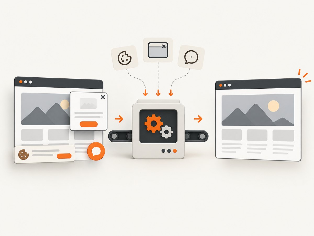 Automated capture can remove common overlays before saving the page image.