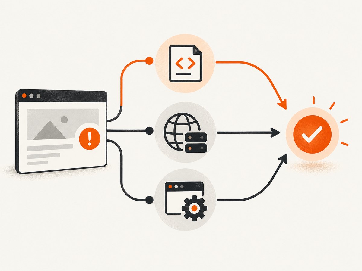 Use Console, Network, and cross-browser checks to narrow the source of a page-load failure.