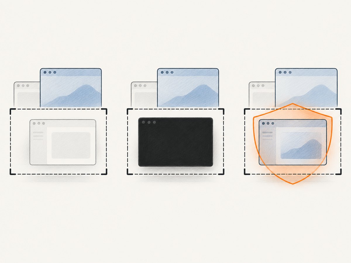 The result varies by operating system version and capture framework: exclusion, a black window, or a still-visible window.
