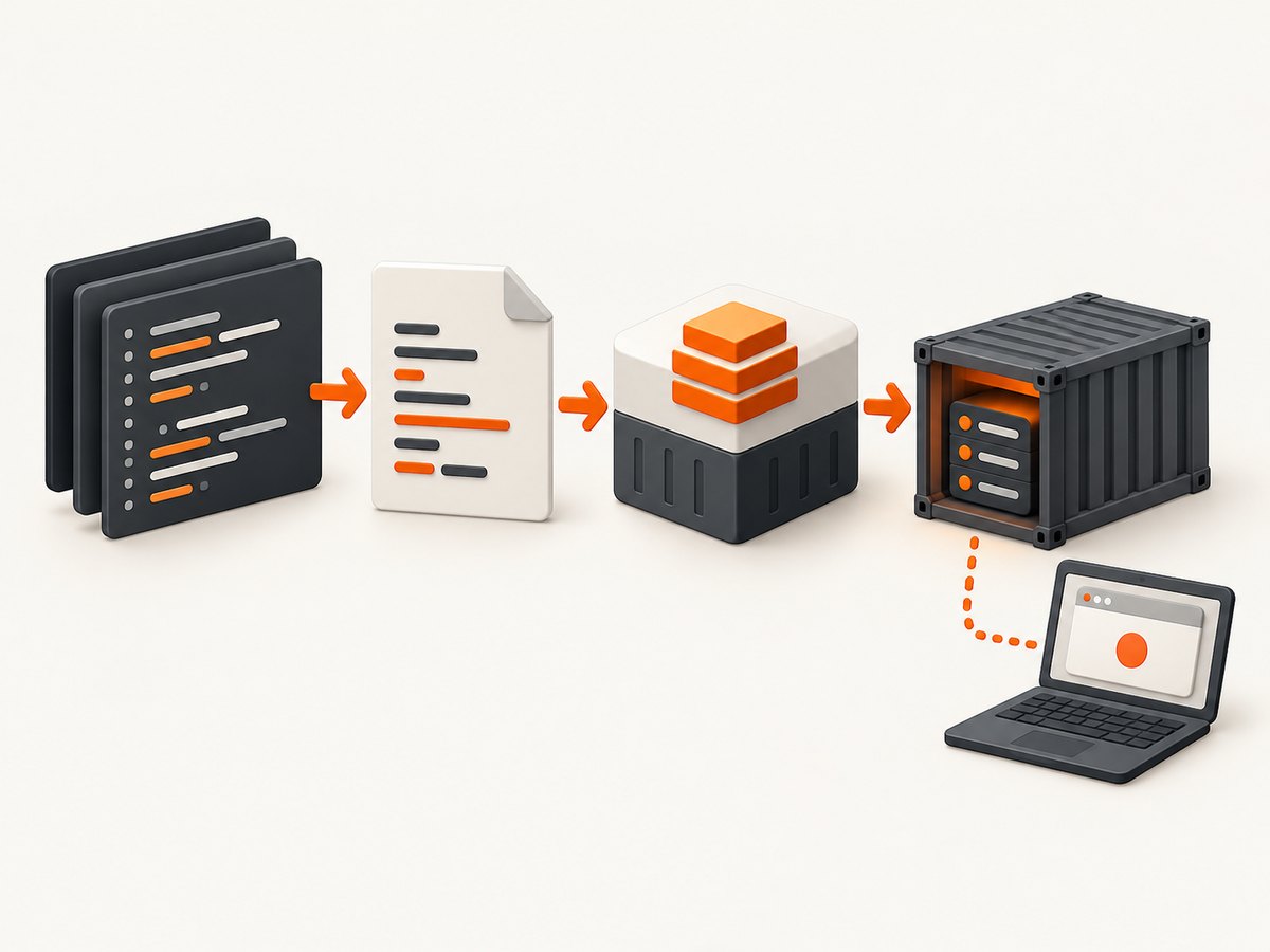 A Dockerfile turns application source and dependencies into an image that can run as a container.