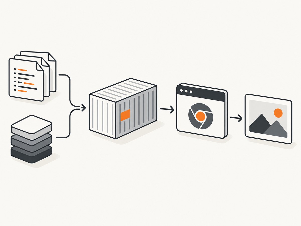 A Docker image bundles application code, browser binaries, and system dependencies into a repeatable capture runtime.