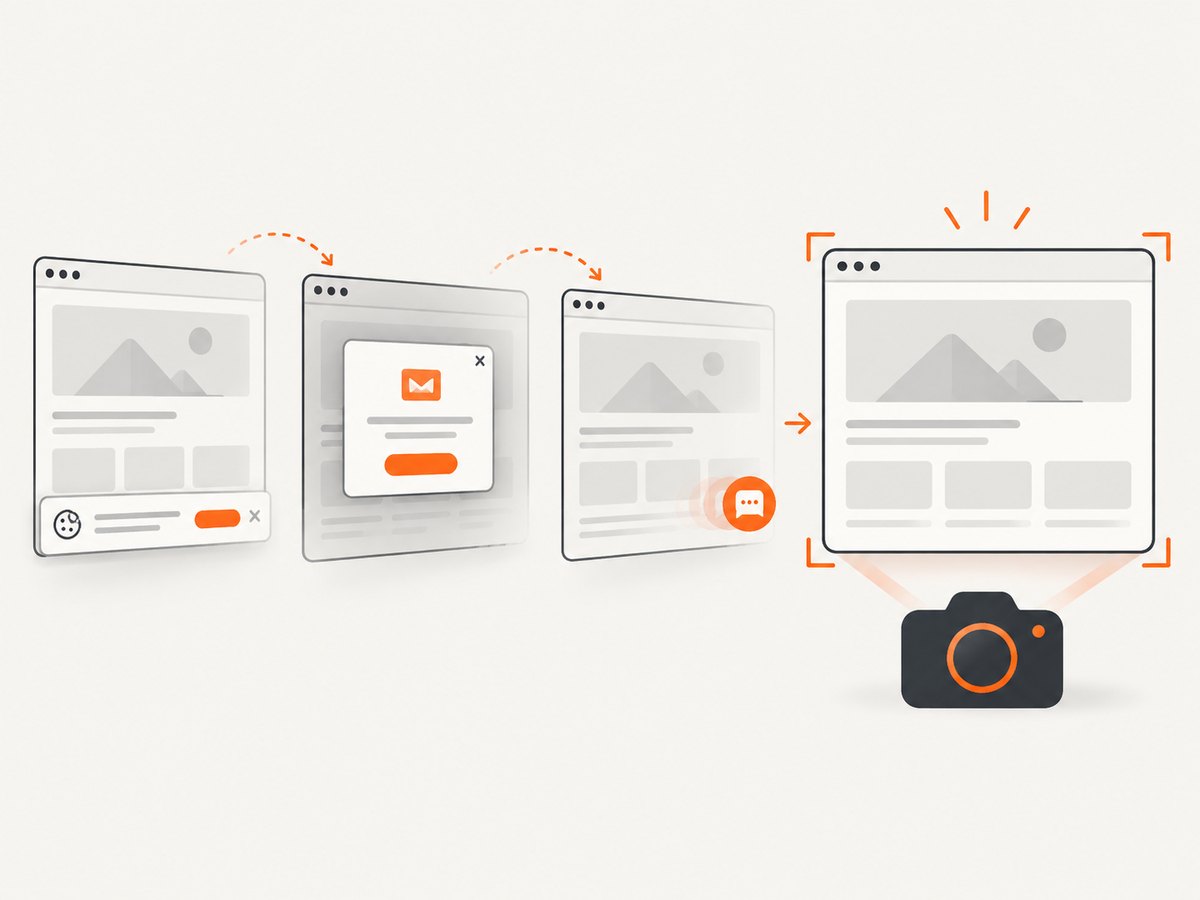 A capture pipeline can wait for page readiness and remove obstructing overlays before rendering the final image.