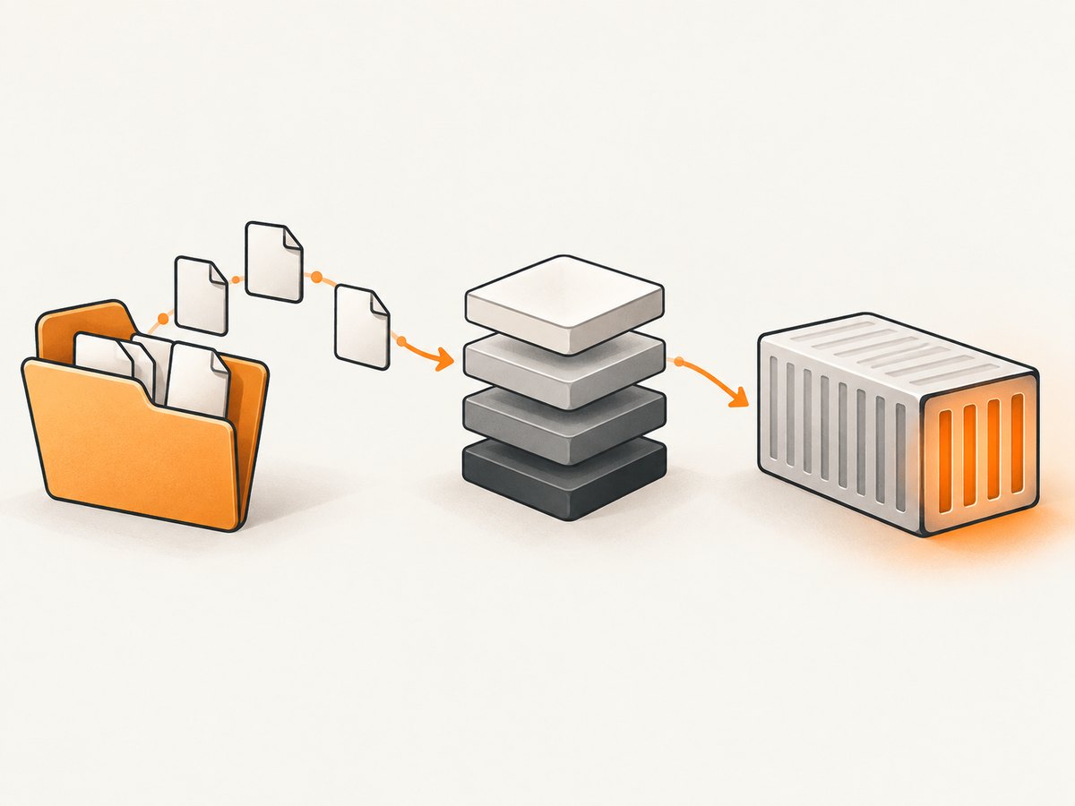 The Dockerfile reads the build context in order to create layered image output.