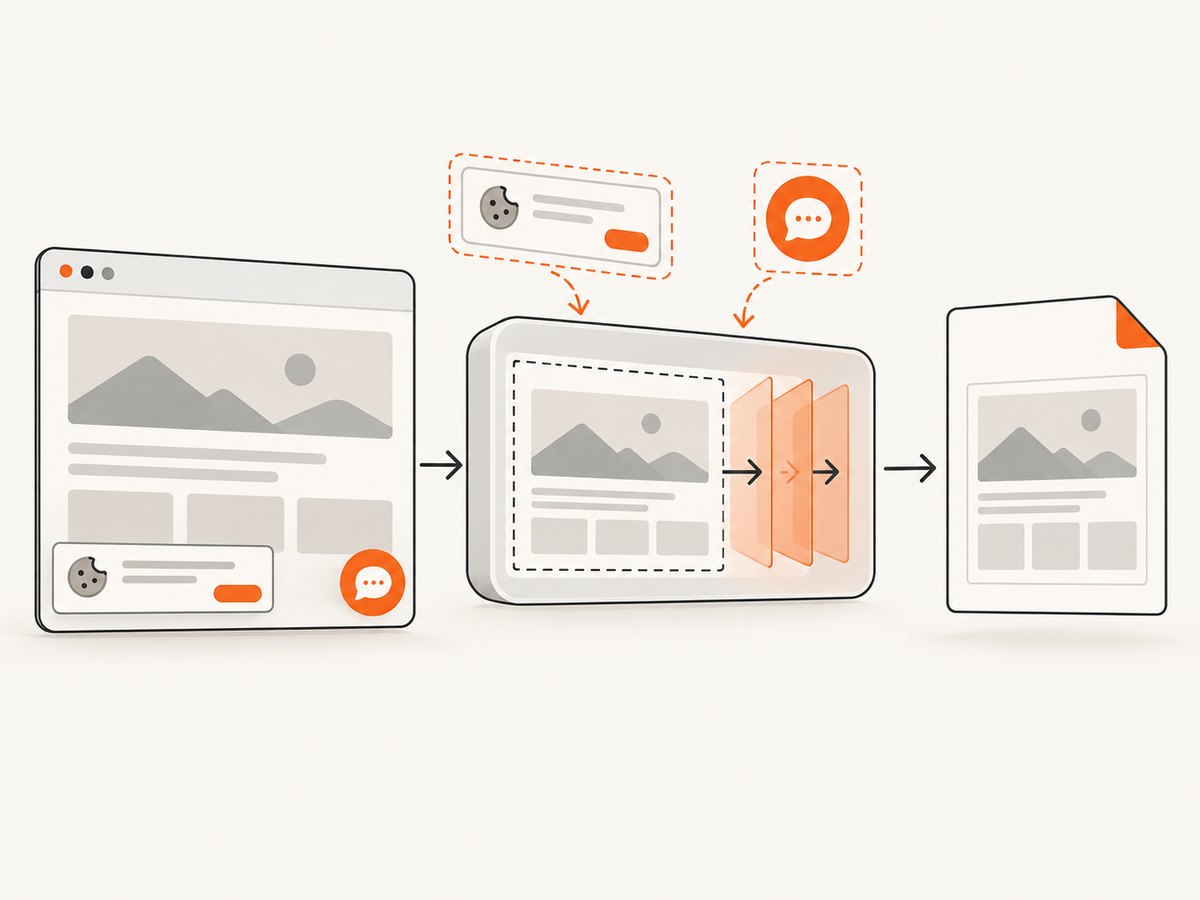 A capture pipeline can load the page, remove obstructive overlays, and produce a clean image.