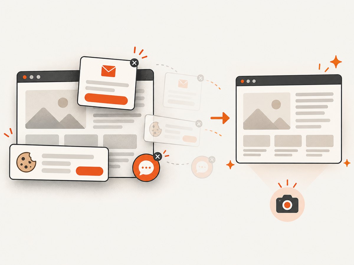 ScreenshotNeo removes known consent banners, newsletter popups and chat widgets before capture.