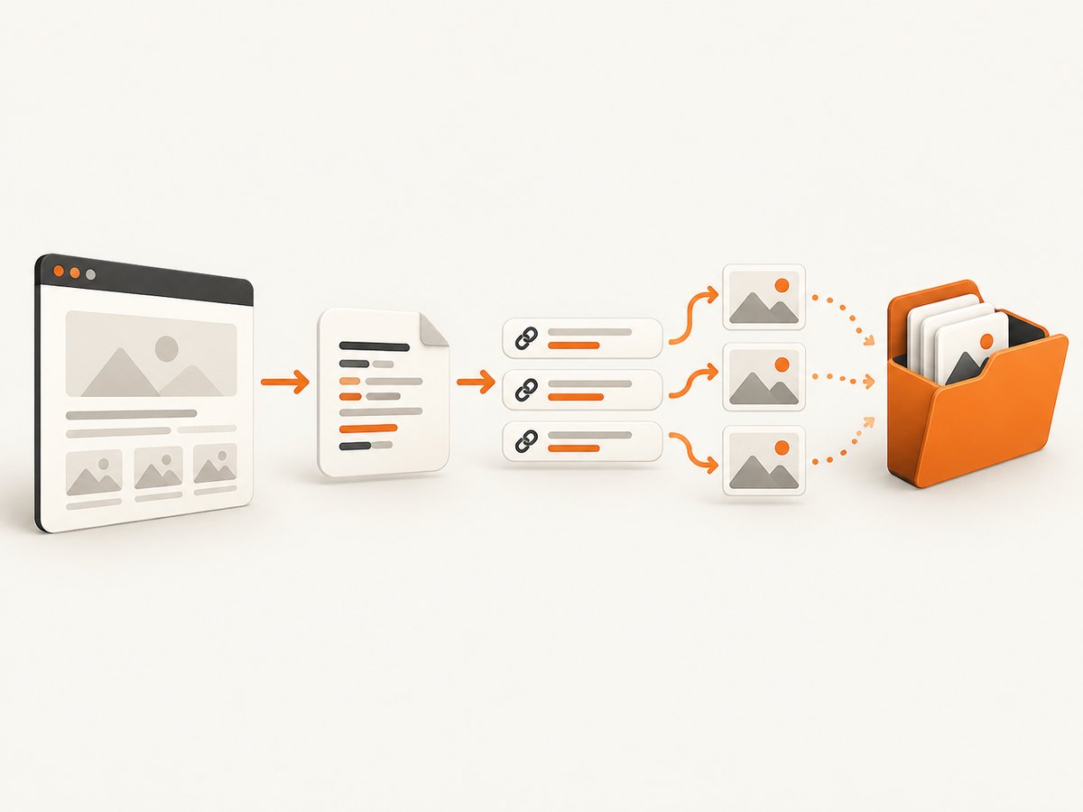 The workflow separates page retrieval, parsing, URL resolution, and streamed file saving.