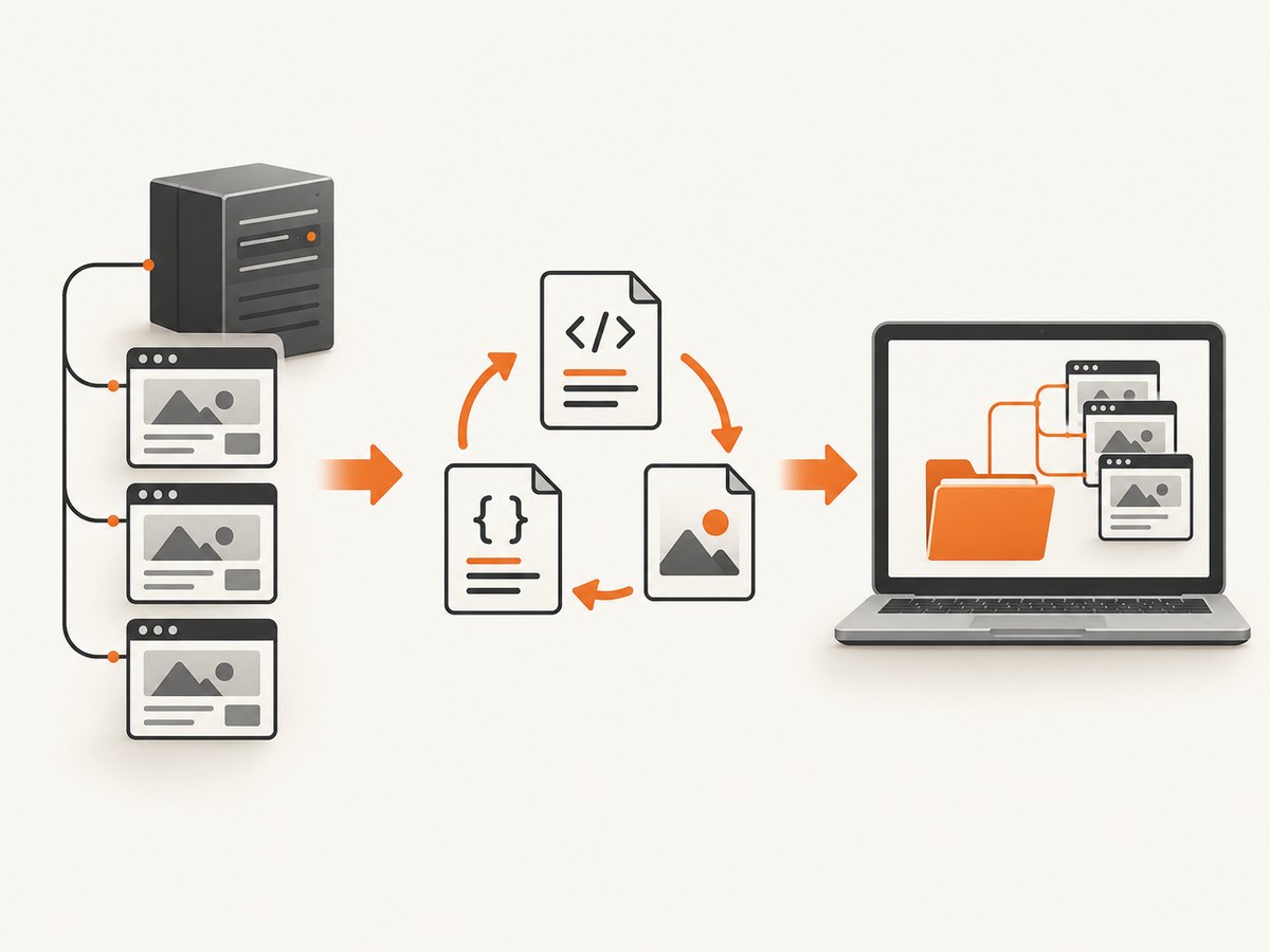 A recursive mirror discovers pages and assets, then rewrites links for offline browsing.