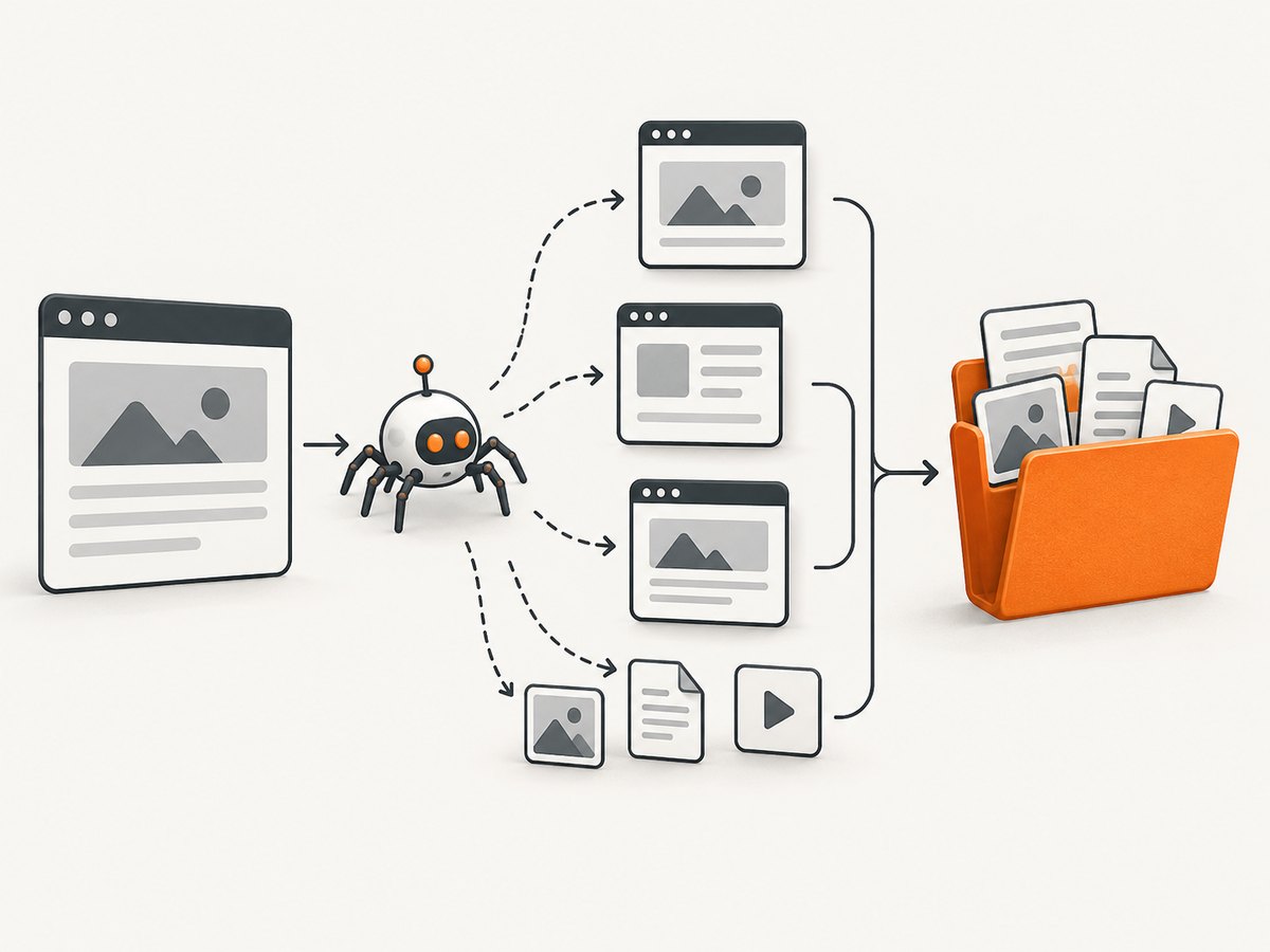 A website mirror follows allowed links and stores the retrieved pages and assets locally.