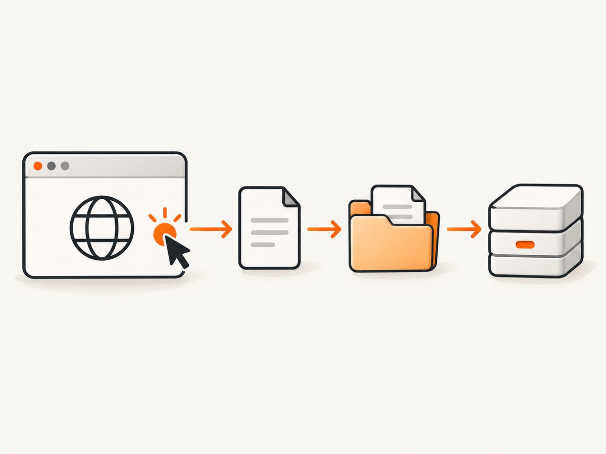 The download event, application-managed temporary copy, and durable destination have separate lifecycles.