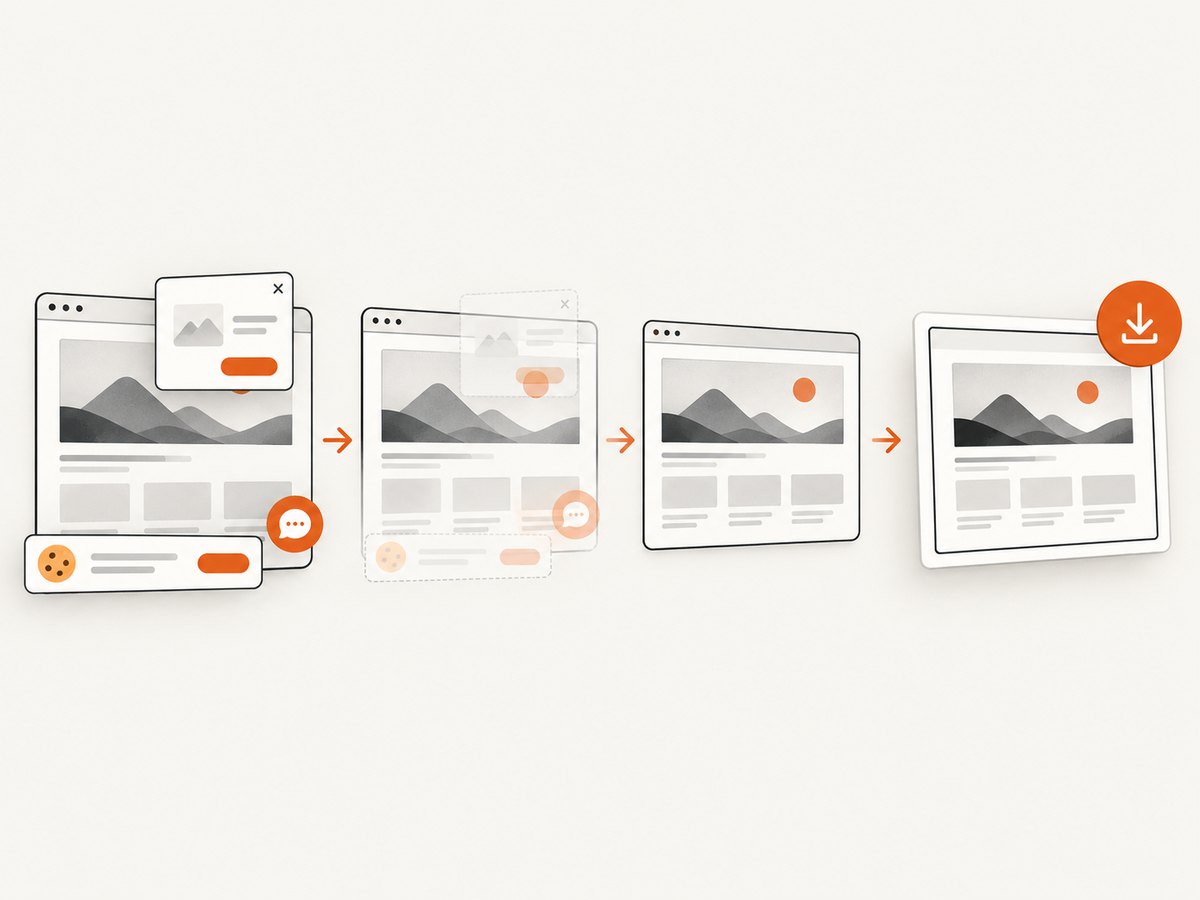 A capture service can remove common overlays before producing a clean page image.