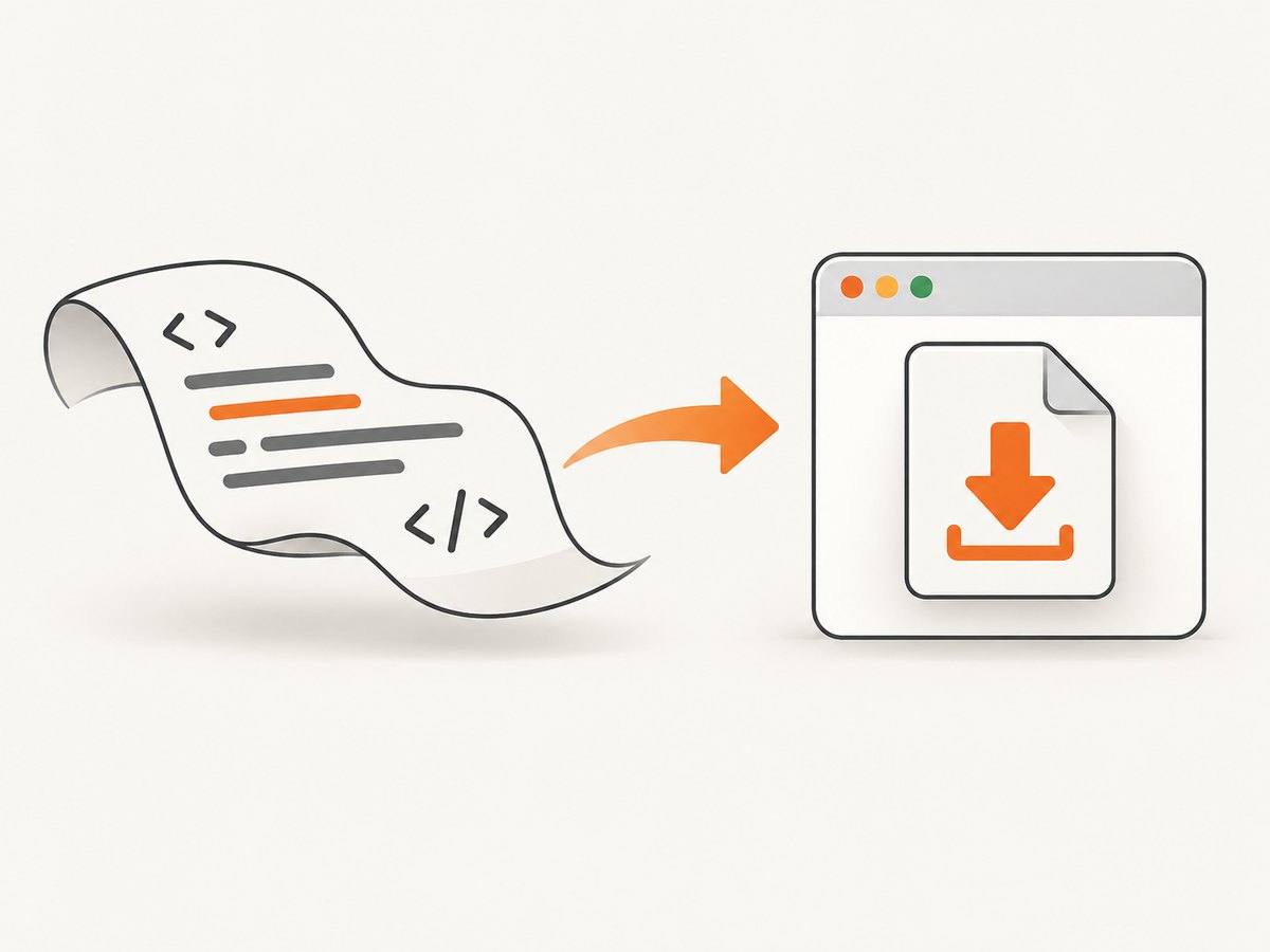 Generated HTML becomes a downloadable file through a Blob URL and an anchor.