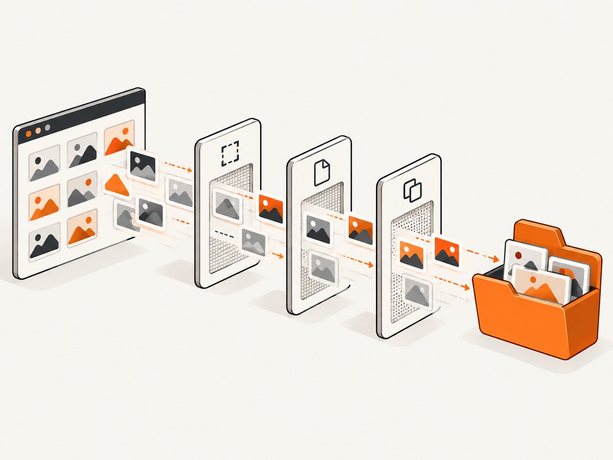 An image extension scans page assets, applies filters and sends selected files to the browser download flow.