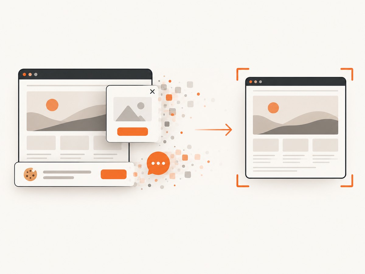 A hosted capture service can remove common overlays before rendering a clean screenshot.
