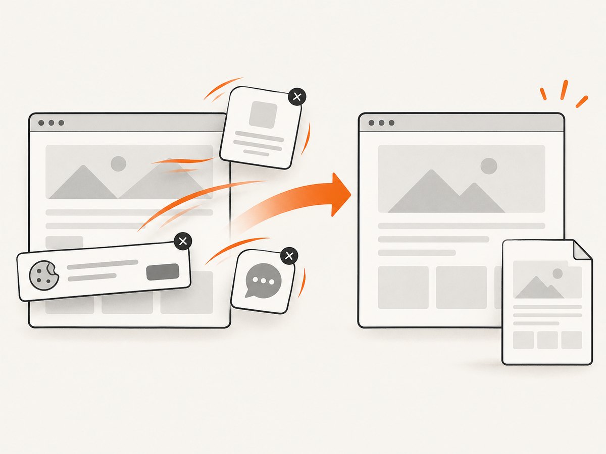 Automated capture can remove common overlays before rendering the page.