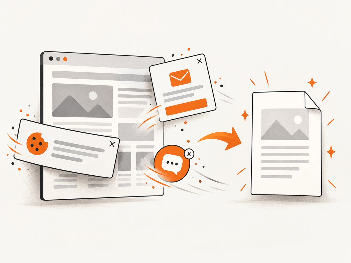 Automated rendering can remove consent banners, popups, and chat widgets before creating the PDF.