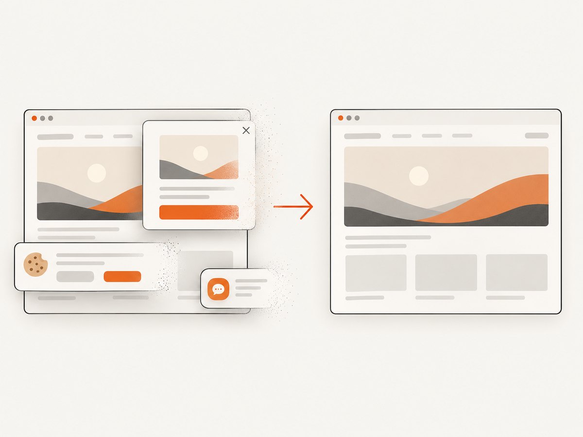 Automated capture can remove common consent and overlay elements before producing a clean image.