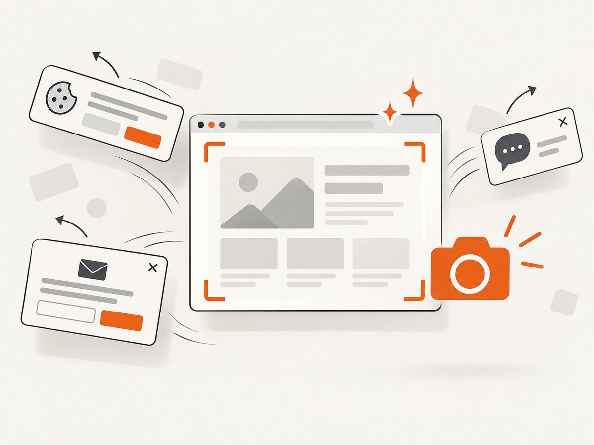 A rendered capture can remove consent banners and other overlays before saving the visual result.