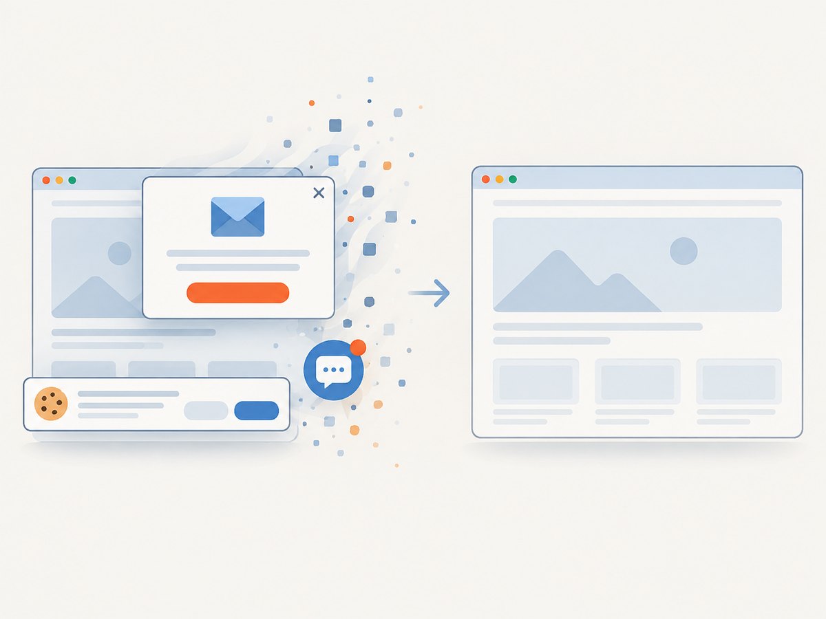 Cleanup before capture keeps consent banners, popups, and chat widgets out of the final image.