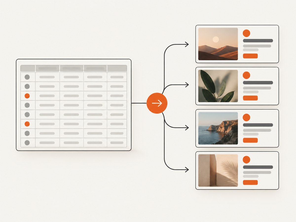A structured row maps to one complete visual variation while the template keeps the layout stable.