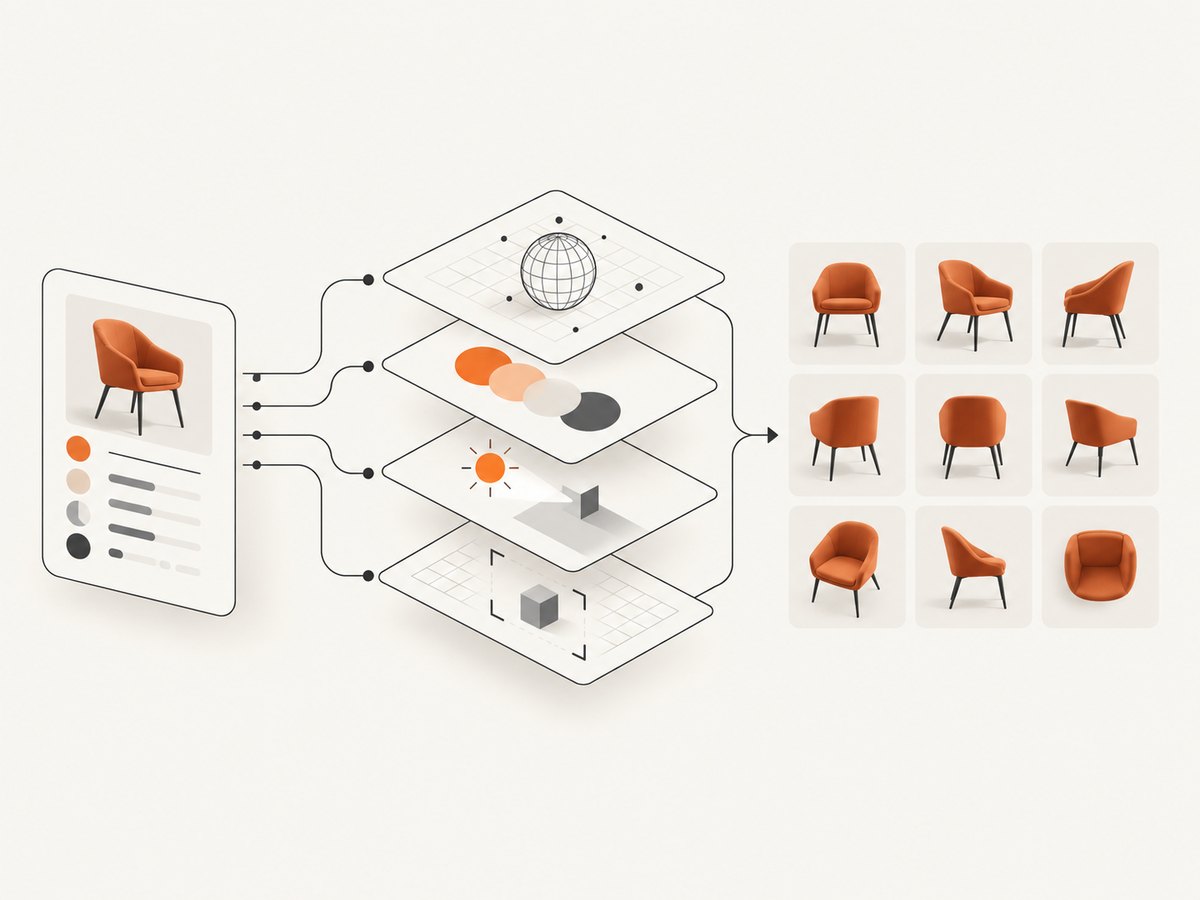 Structured product data populates named template layers and produces consistent variants.