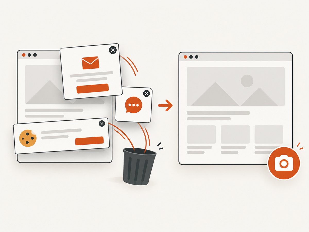 Consent banners, popups, and chat widgets can be removed before an automated capture.