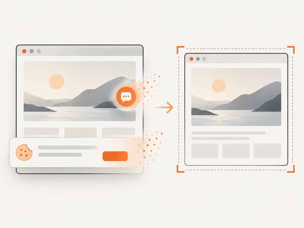 A screenshot capture can remove common consent banners, popups, and chat widgets before saving the page image.