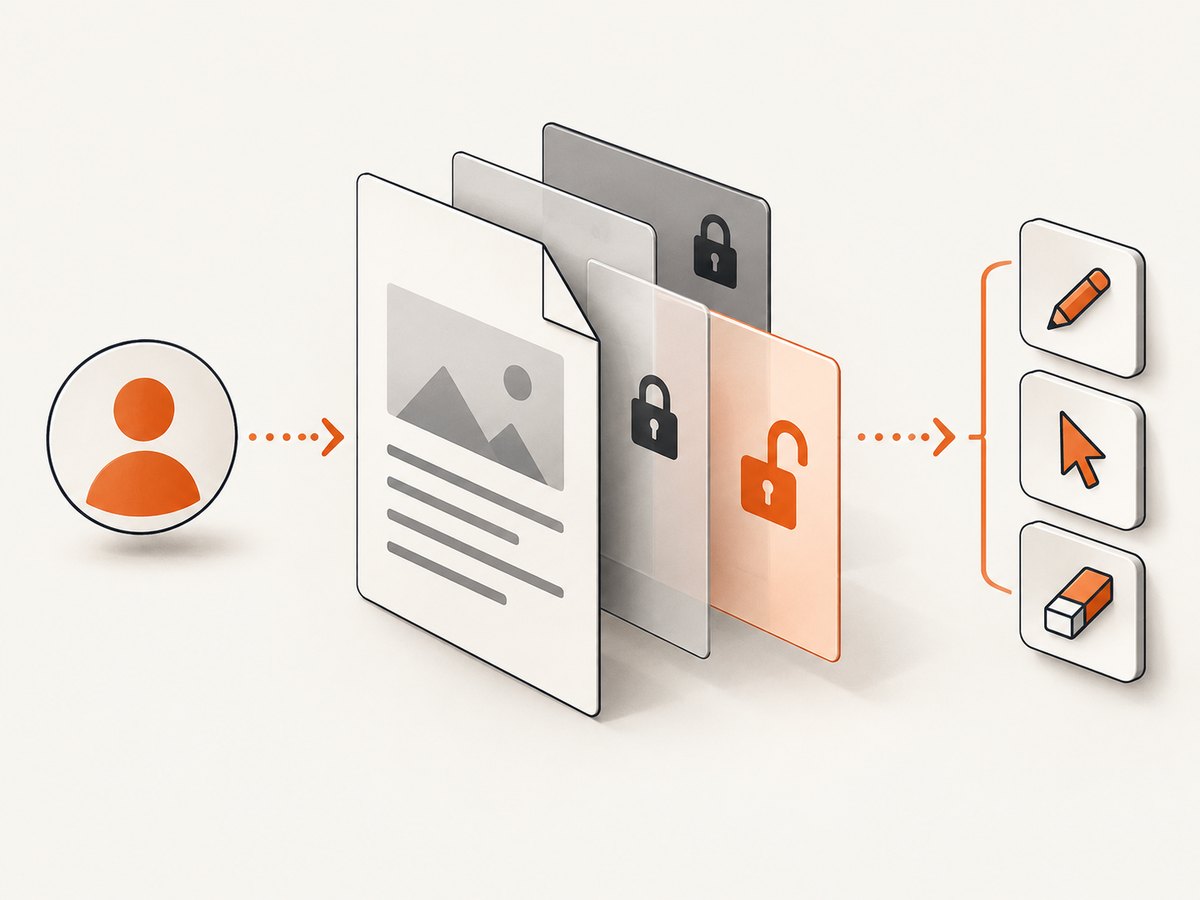 Permissions flow from identity and document access to specific editor capabilities.