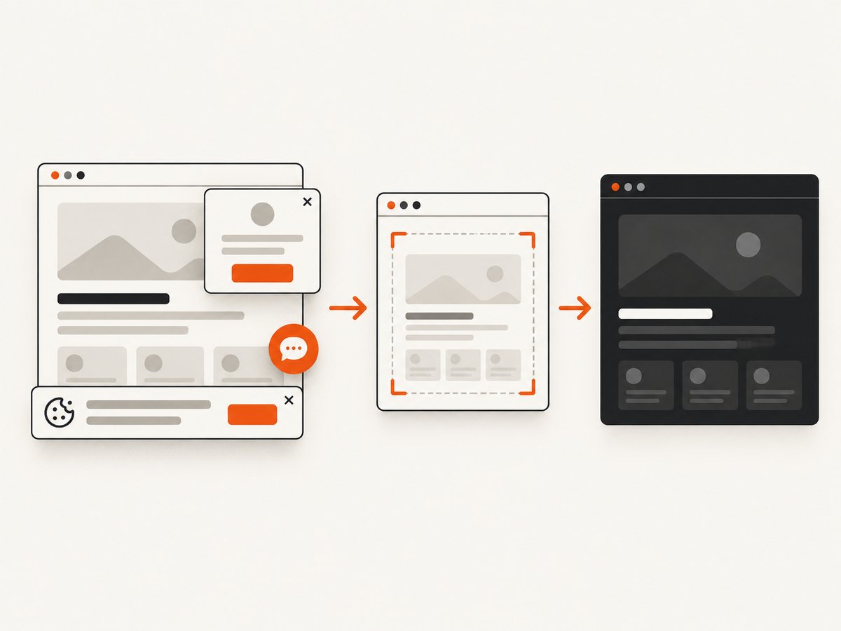 Automated capture can remove common overlays before producing a dark-mode screenshot.