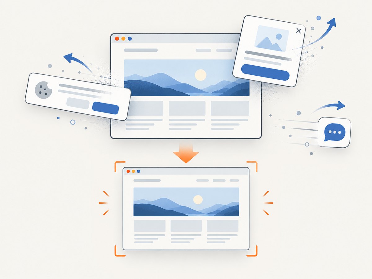 A clean screenshot flow removes common overlays before returning the captured page.