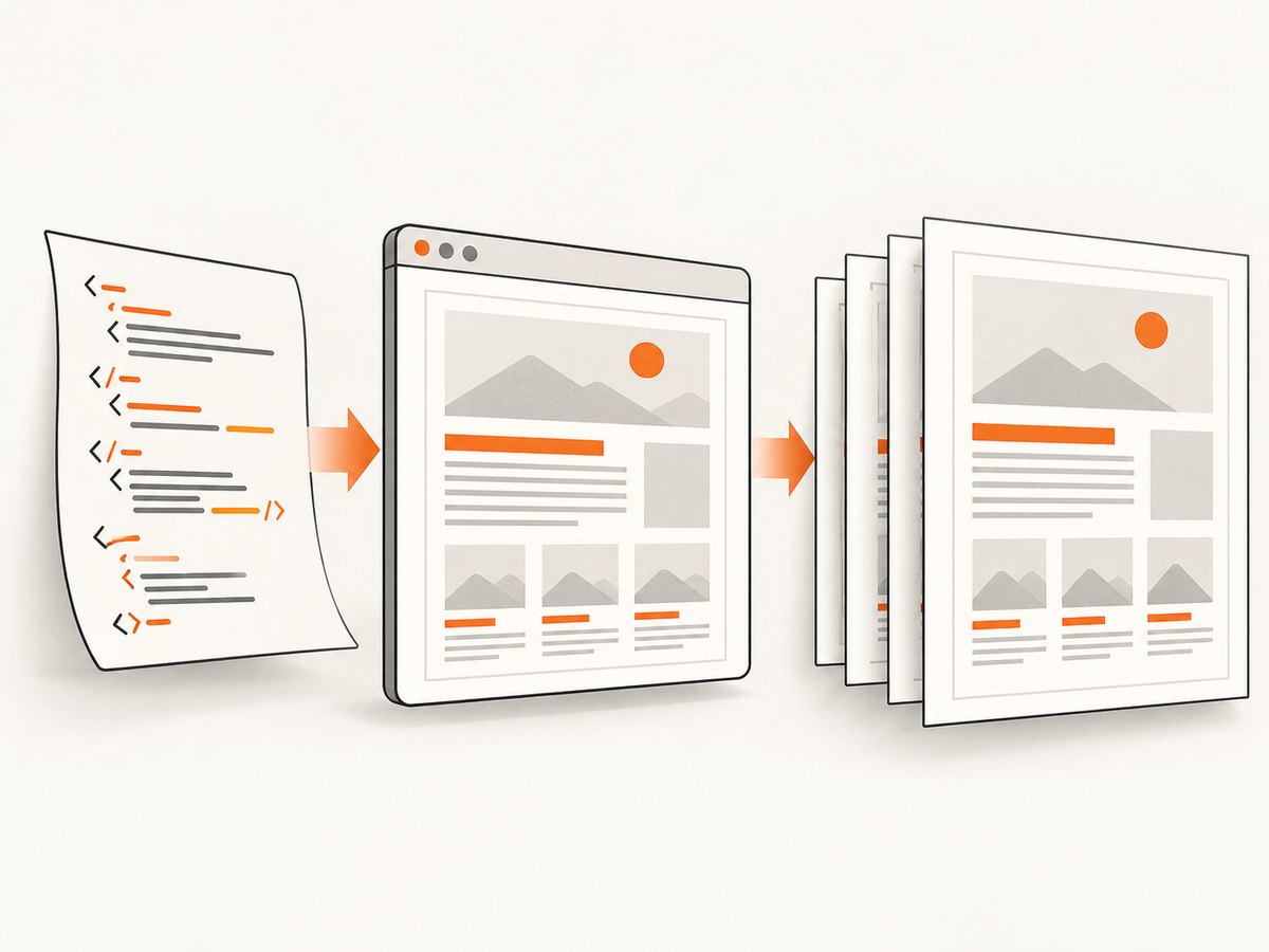 A browser renders HTML into paginated PDF output using page settings and print styles.