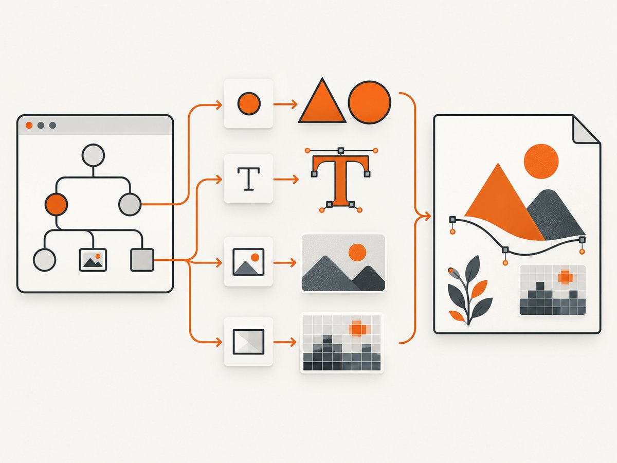 HTML-to-SVG workflows can produce native vectors alongside embedded raster content.