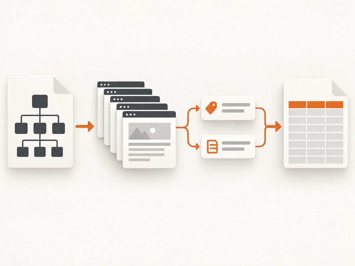 A sitemap inventory feeds fetch, parse, render, and export stages.