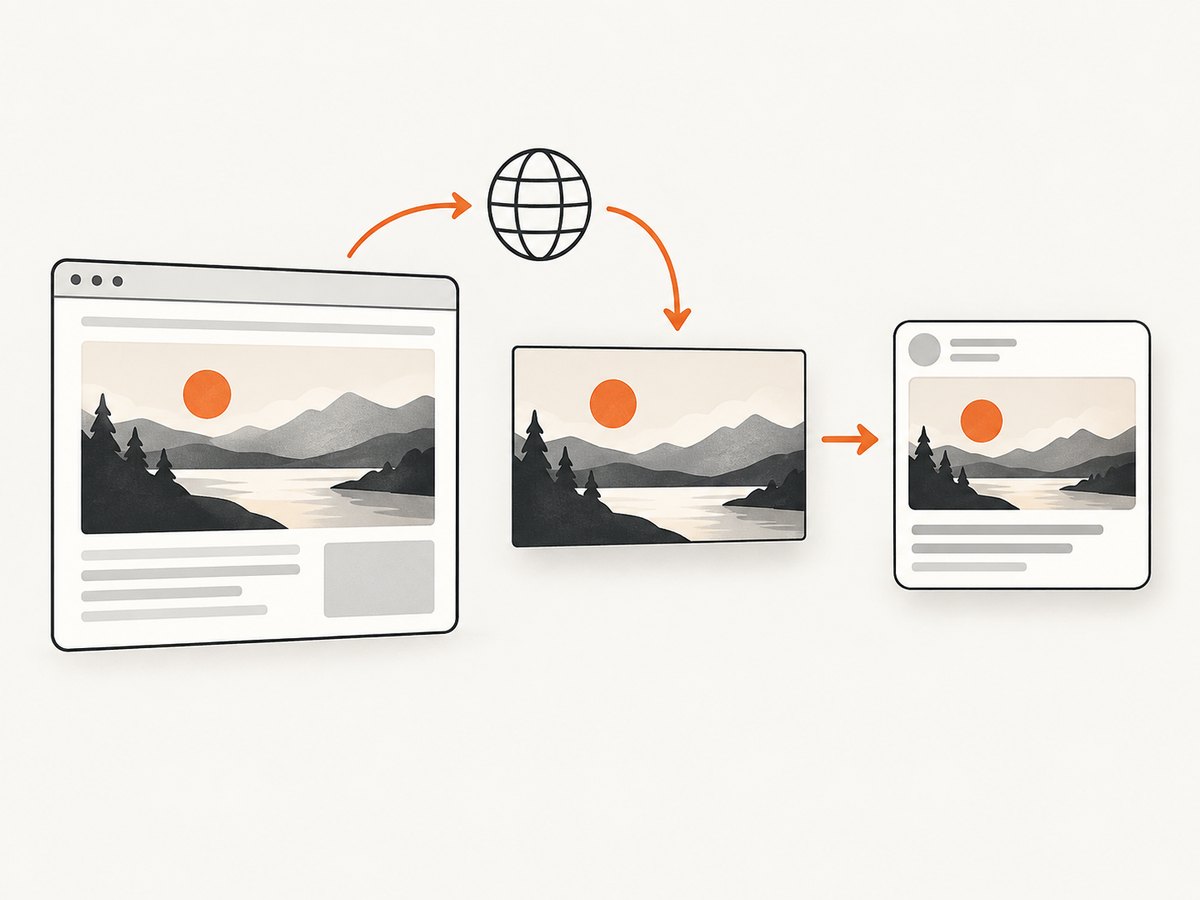 The page declares an image URL, a crawler fetches it, and the social platform builds the preview.