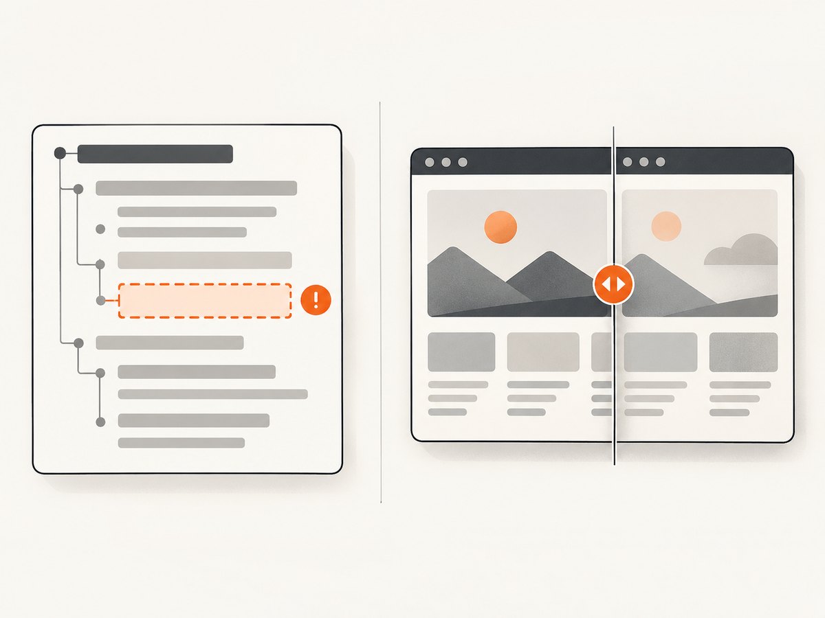 A text assertion identifies missing copy; a screenshot assertion checks the rendered appearance.
