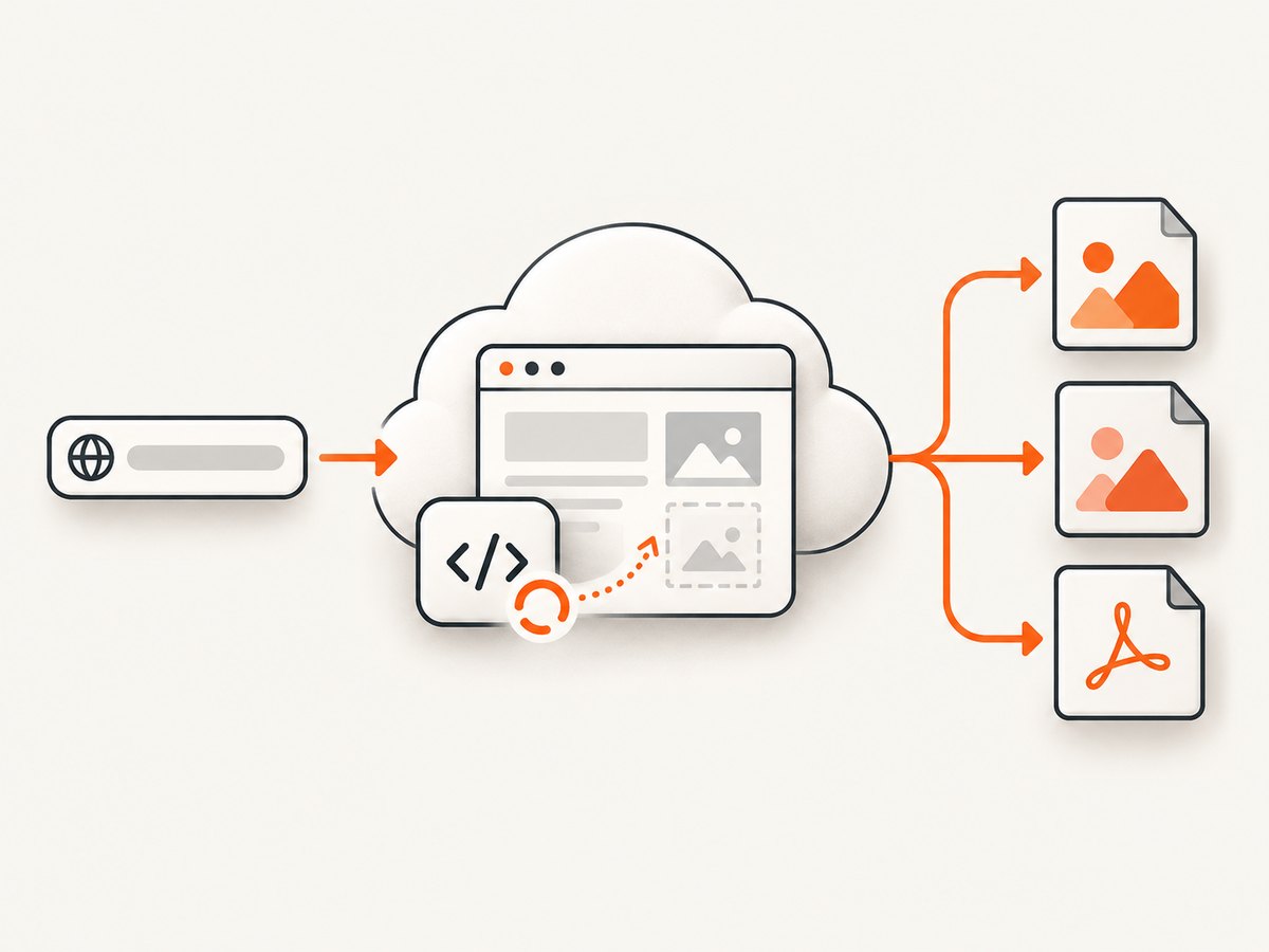 A hosted screenshot request moves through navigation, readiness checks, rendering, and image delivery.