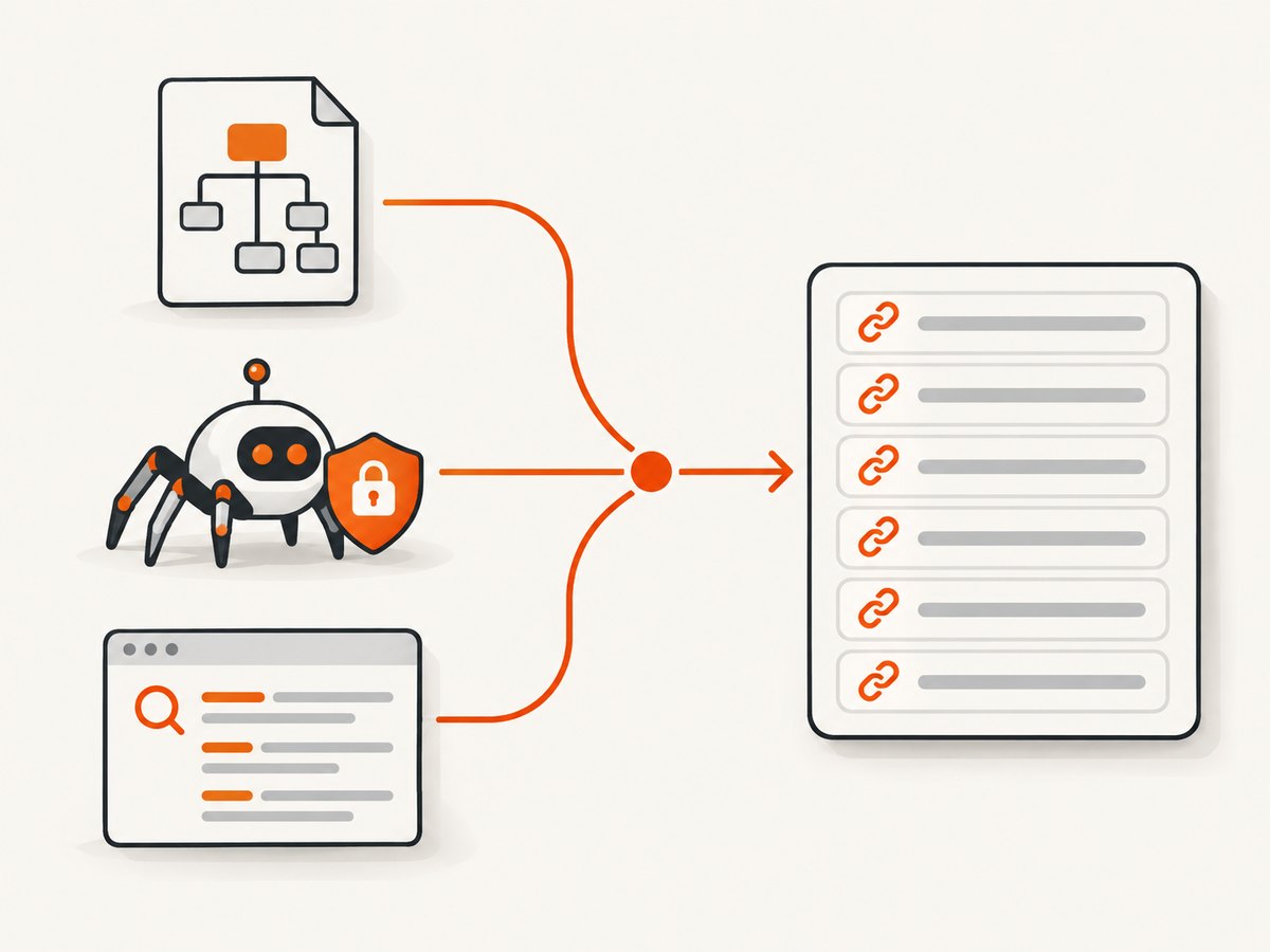 Merge sitemap, crawl, and search data into one classified URL inventory.