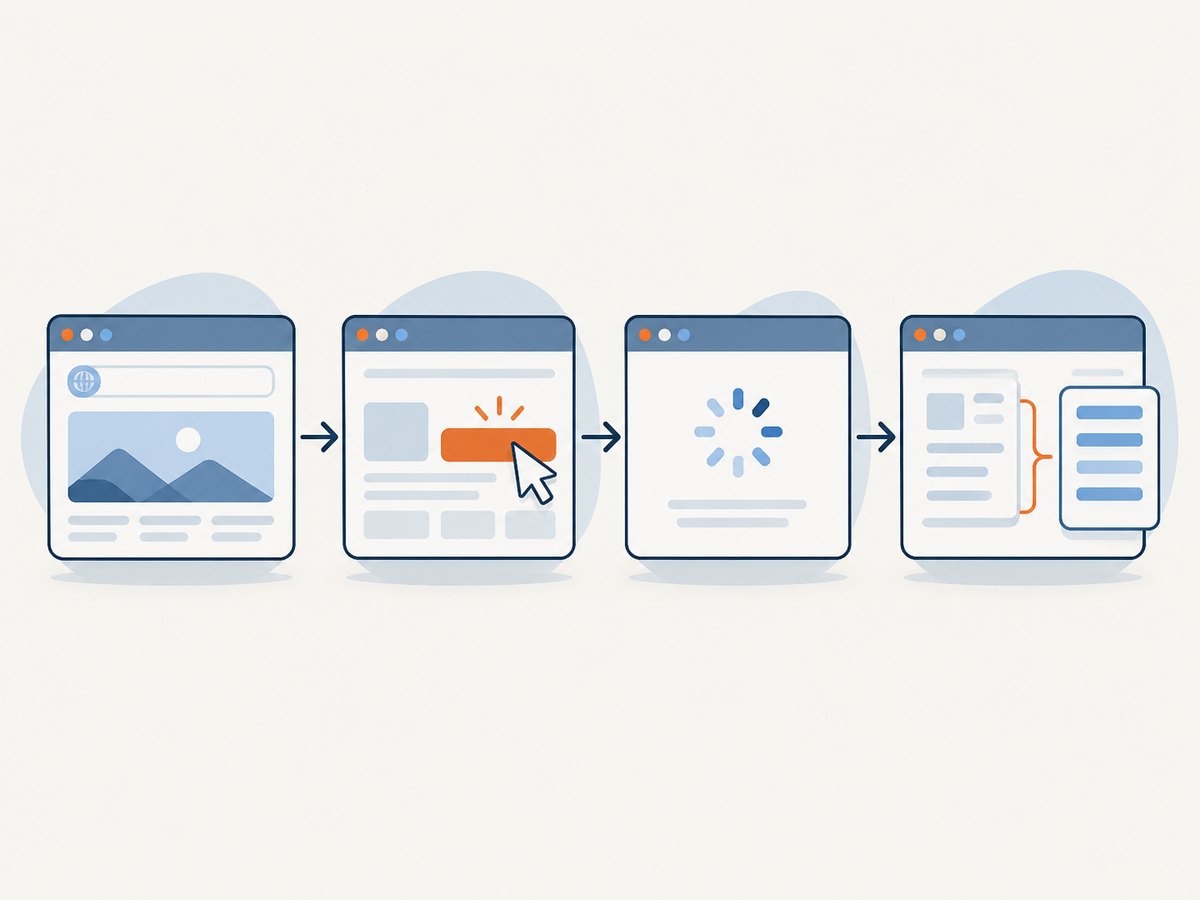 Interactive browser control is a sequence of navigation, actions, waits and extraction.