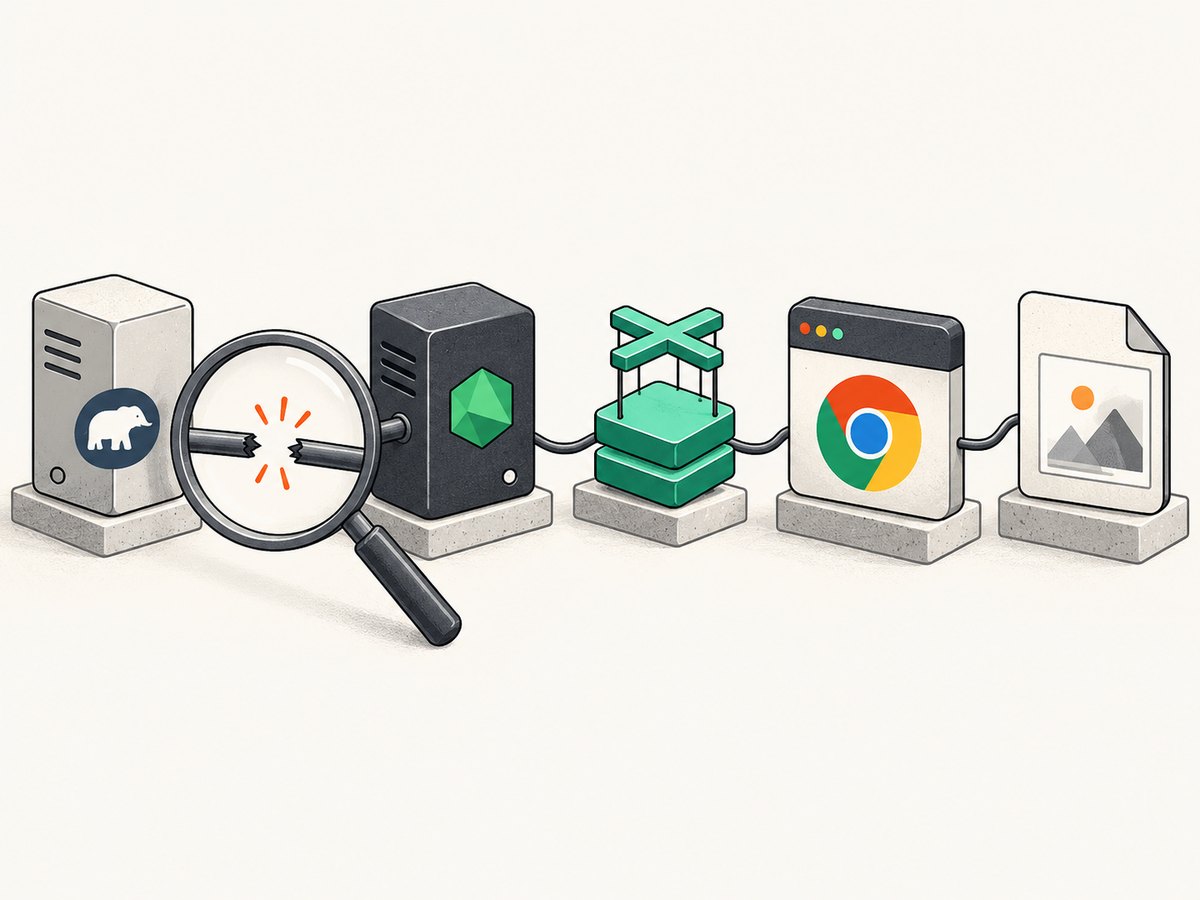 Trace the failing job through its runtime, modules, browser, and output path.