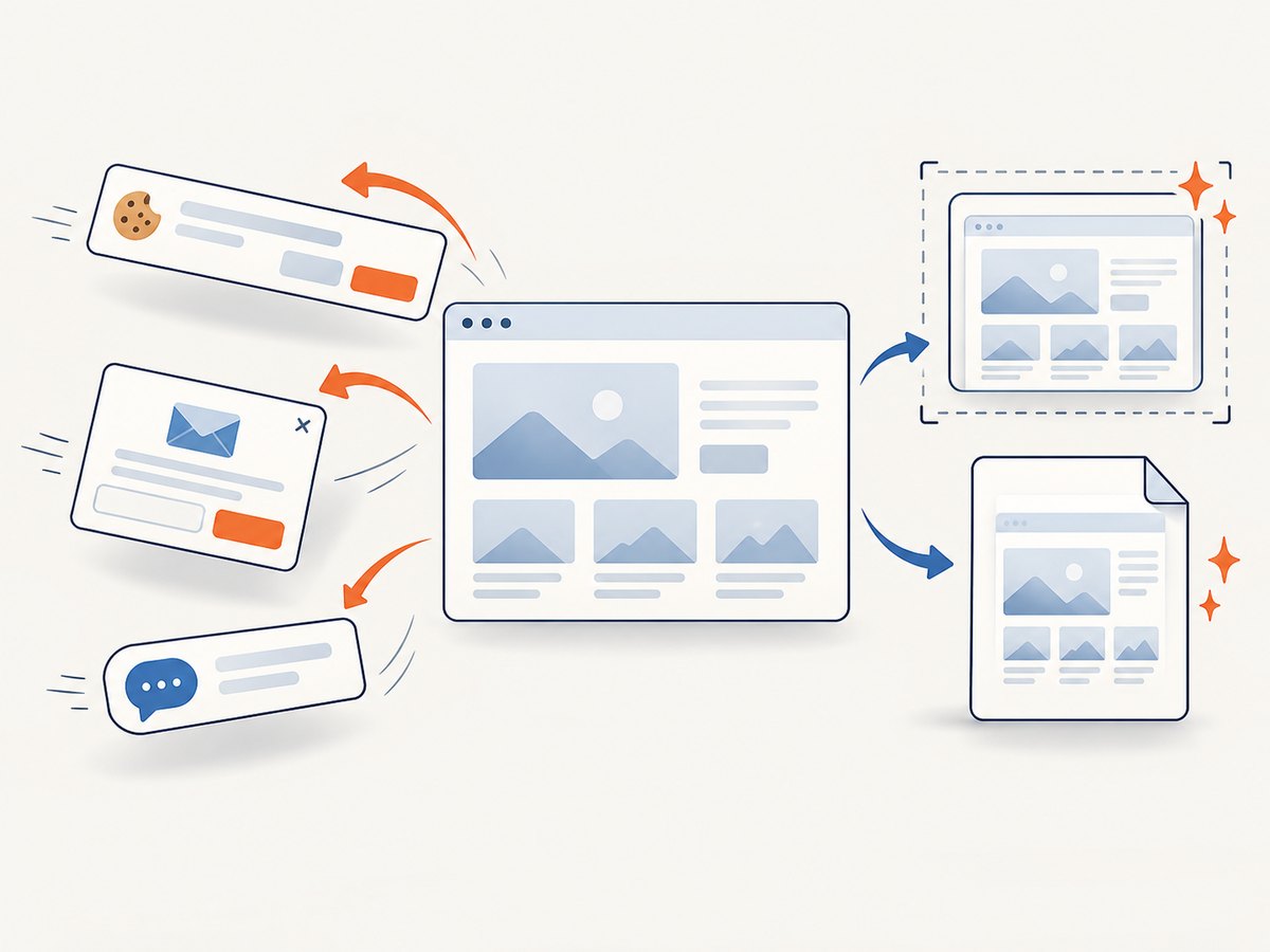 A capture service can remove common overlays before rendering the final image or PDF.