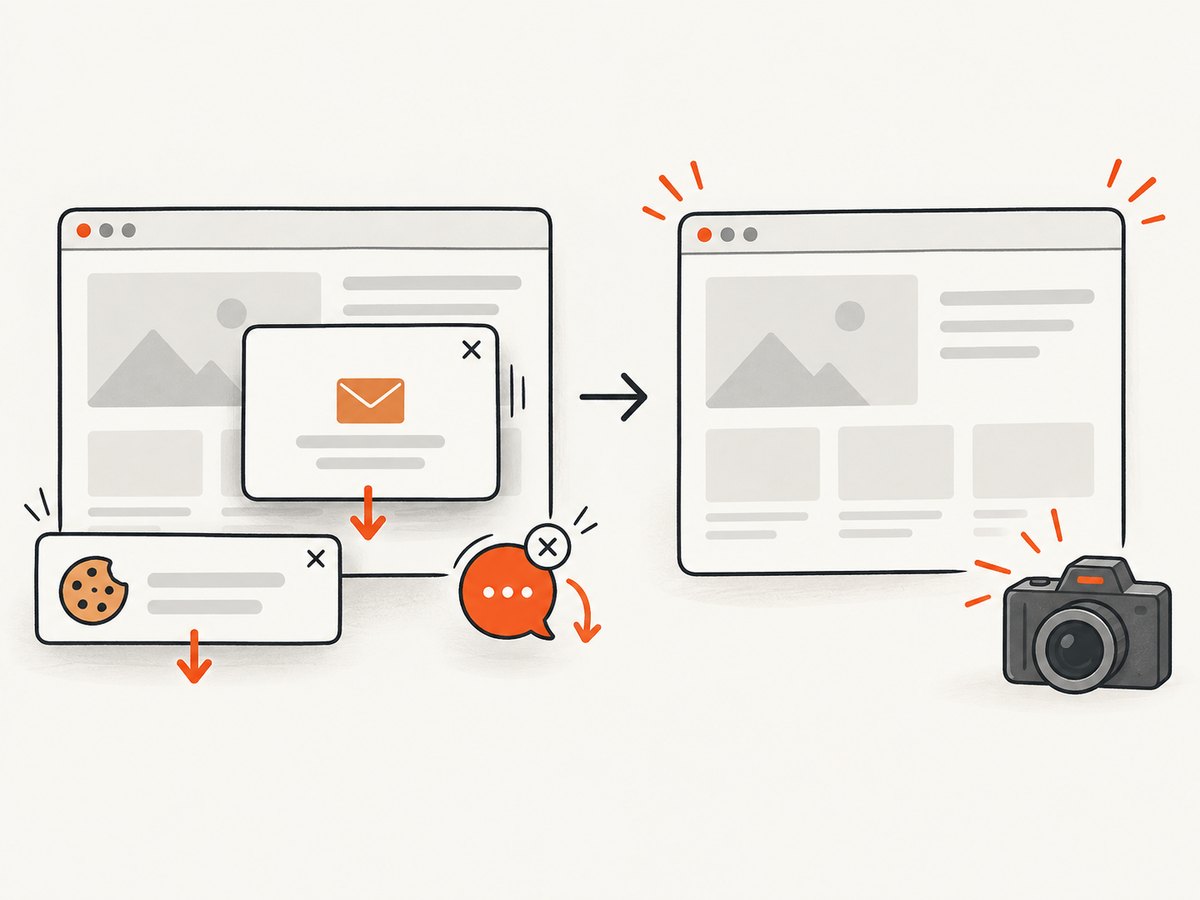 Consent banners, popups, and chat widgets can be removed before an API capture.