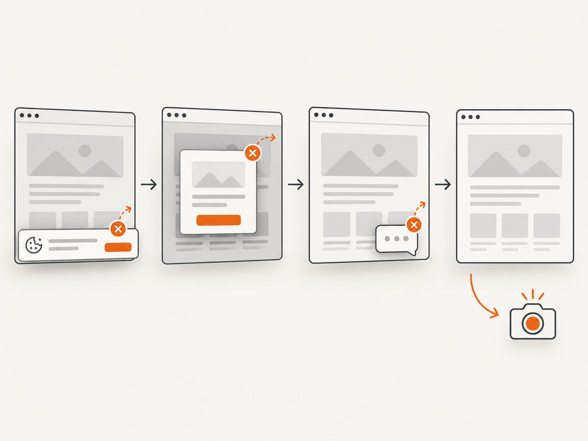 ScreenshotNeo removes common consent and overlay elements before capture.