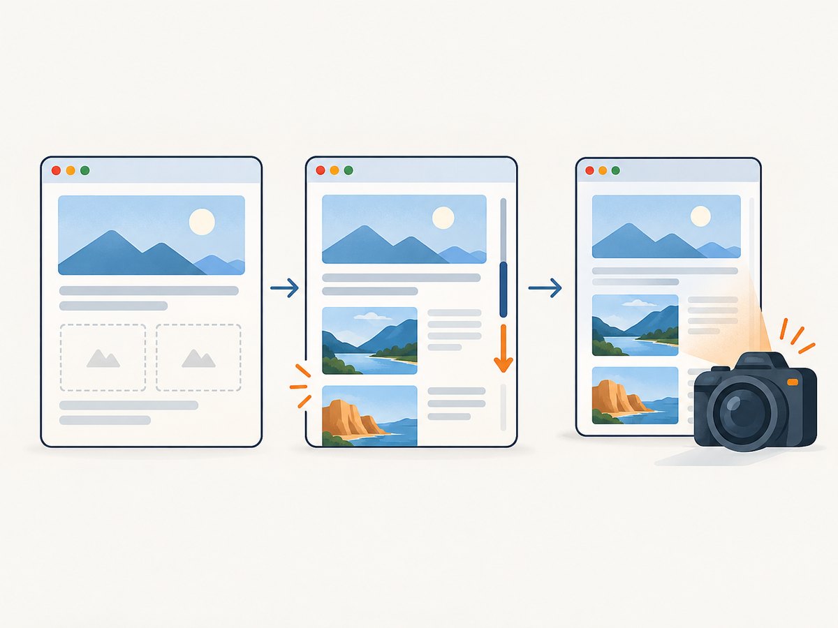 Image readiness is a separate stage after navigation: trigger lazy loading, verify success, decode, then capture.