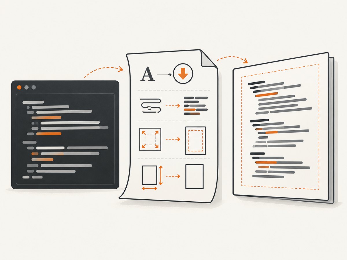 Print CSS, fonts, and page geometry determine how a preformatted block reaches the PDF.