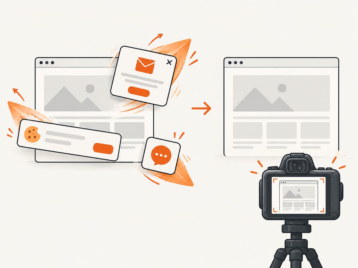 Pre-capture cleanup removes common overlays before the screenshot is billed.