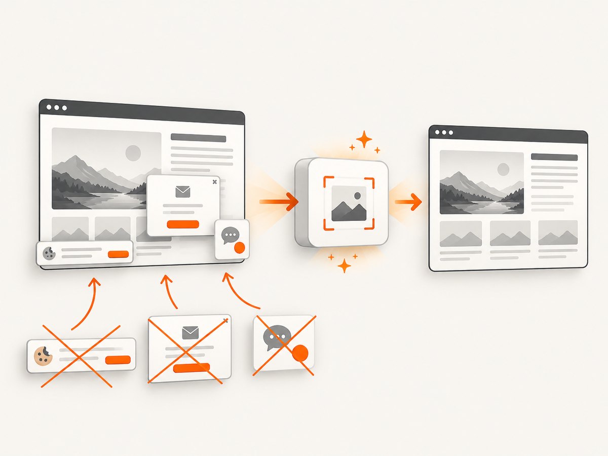 A screenshot API can handle capture setup for permitted pages and remove common overlays before taking the shot.