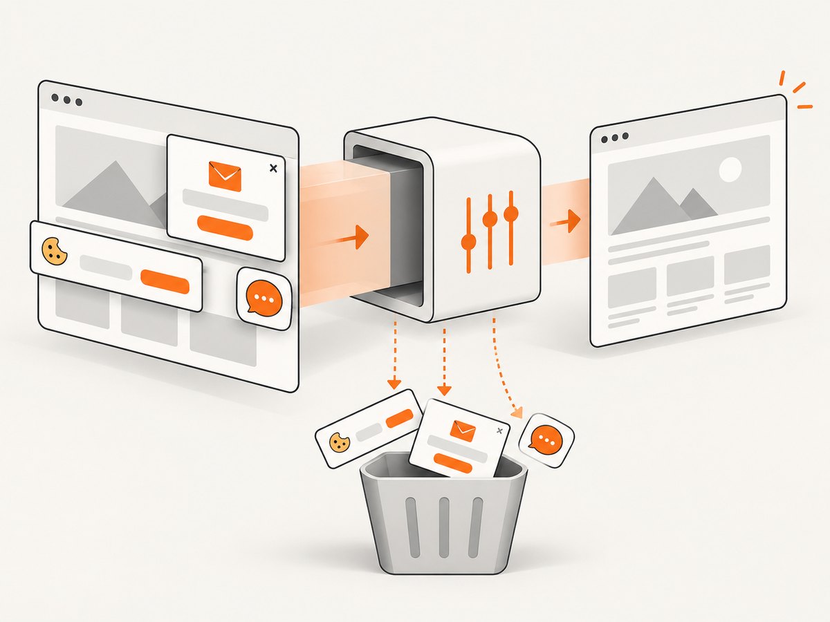 A hosted capture service can remove consent and overlay elements before rendering.