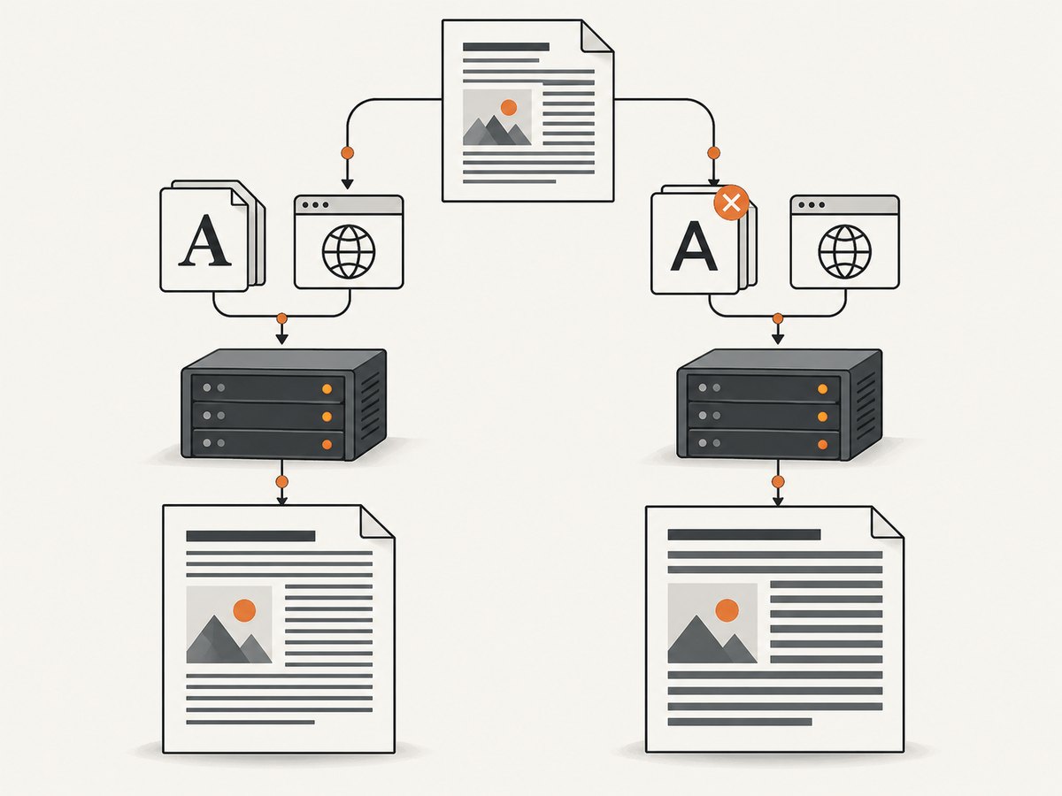 Font files, browser builds, and host environments all affect PDF text metrics.