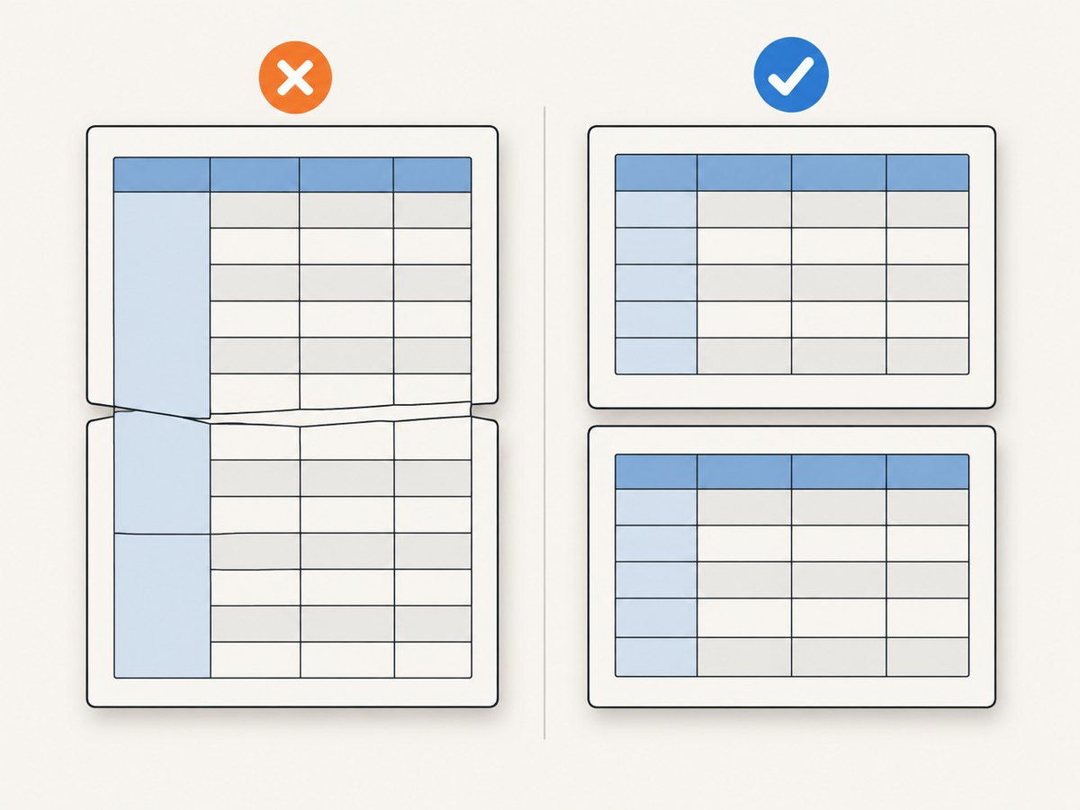 Cross-page rowspans are fragile; explicit page-sized table chunks make the header position predictable.